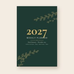 2027 Weekly Planner, dark green cover with gold leaves